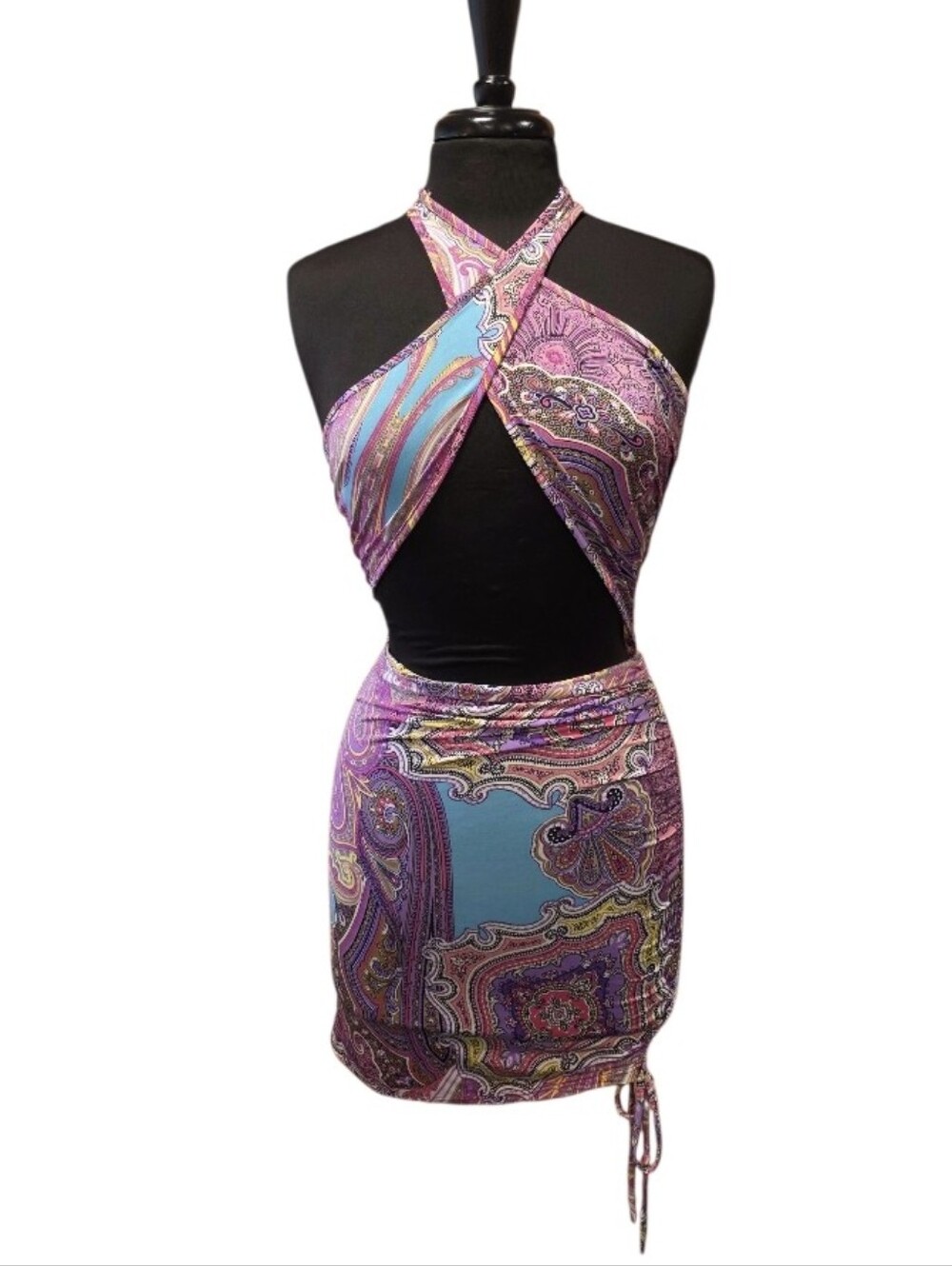 Vintage Y2K Cut Out Party Bodycon Dress Pink Blue Paisley Mini Annes Apparel
